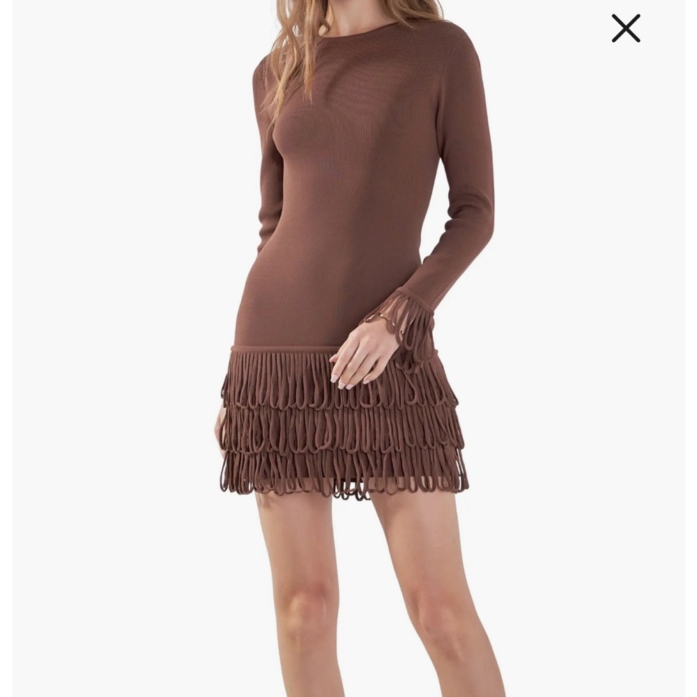 Brown Long Sleeve Dress with Fringe Detail